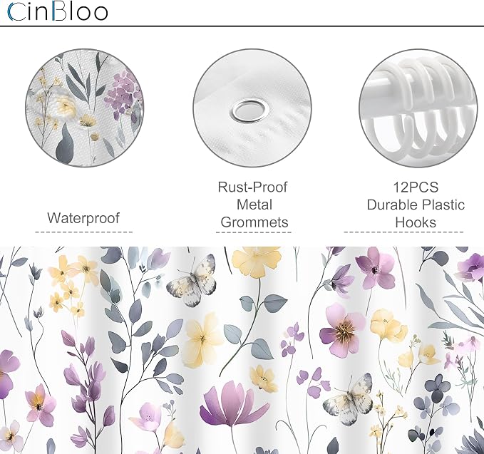 Purple Lilac Lavender Flower Floral Women Girls Bathroom Shower Curtain Set | 72"W x 72"H Girly Wildflower; waterproof HD print, quick-dry fabric and plastic hooks for easy setup.