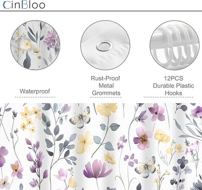 Purple Lilac Lavender Flower Floral Women Girls Bathroom Shower Curtain Set | 72"W x 72"H Girly Wildflower; waterproof HD print, quick-dry fabric and plastic hooks for easy setup.
