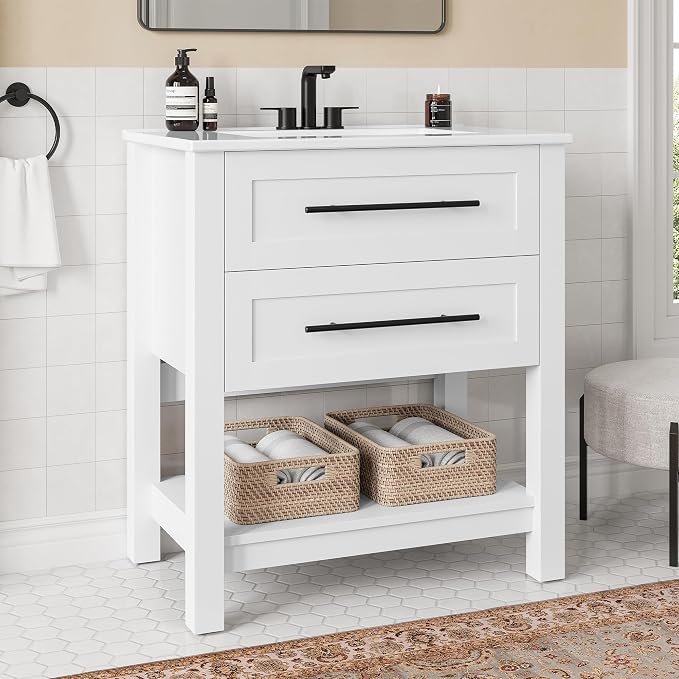 LIKIMIO 30" Bathroom Vanity with Sink, 2 Drawers & Open Shelf, White | Freestanding Bathroom Vanity, Integrated Ceramic Sink, U-Shaped Drawers, Modern Bathroom Storage Cabinet, Easy Assembly