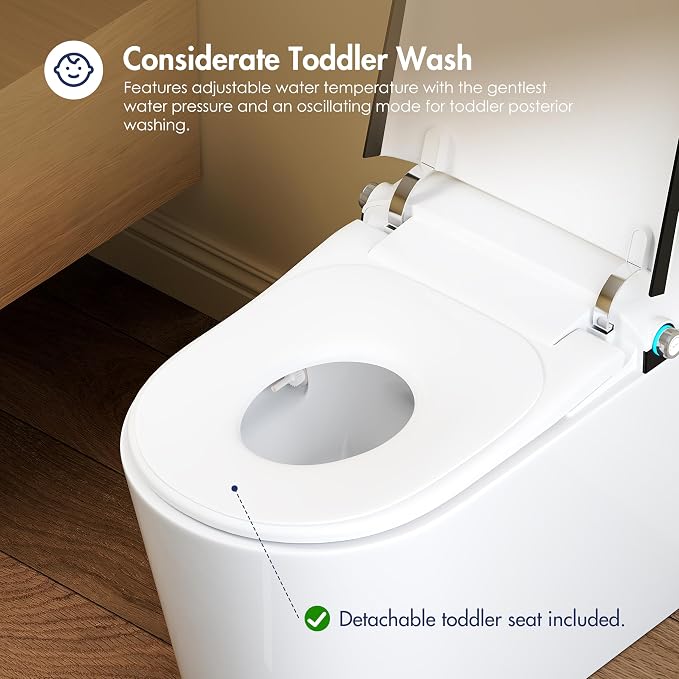 One Piece Smart Bidet Toilet, Auto Lid, Wash & Dry, White Black | Foot Sensor Flush, Heated Seat, Instant Warm Water, Adjustable Wash Settings, Self Cleaning Wand, Auto Flush, Pre Wet