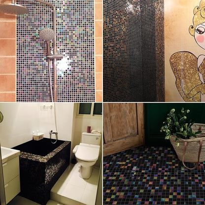 11.5 sq.ft Iridescent Black Glass Mosaic Tile for Bath, Pool, Backsplash | Waterproof Wall & Floor Tile. Heat & frost resistant outdoors. Mesh-mounted easy install. Use any grout. Easy clean. 10pcs.