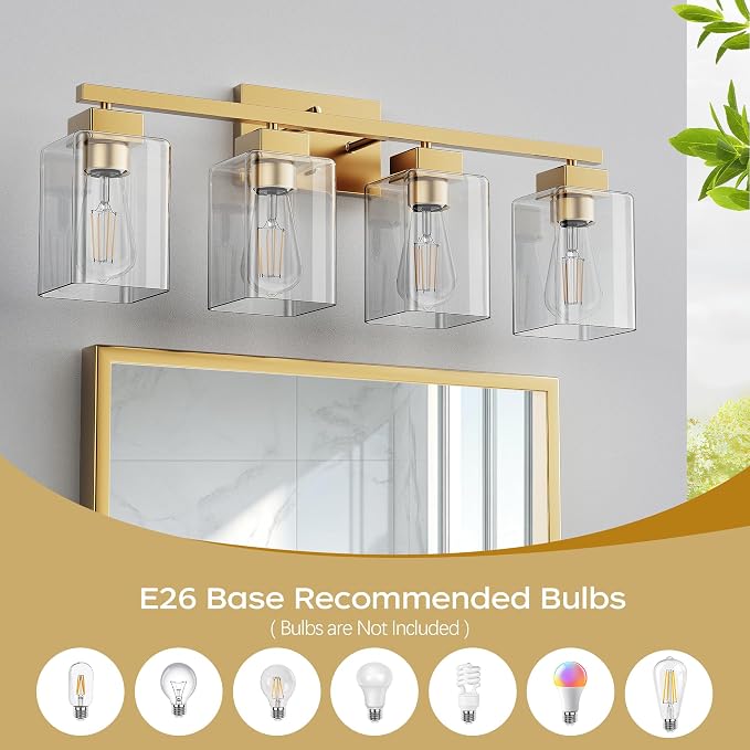 PARTPHONER 4-Light Bathroom Light Fixtures, Brushed Gold Modern Vanity Lights, Bathroom Lighting Fixtures Over Mirror, Square Design Farmhouse Wall Sconces with Clear Glass Shades