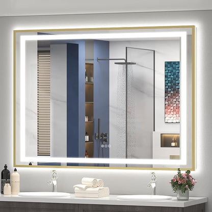 OKPAL 55x40 Gold LED Bathroom Mirror Metal Framed Front Light & Backlit, Lighted Vanity Mirror, Anti-Fog, Dimmable, 3 Colors, Shatterproof, ETL Listed, Horizontal/Vertical