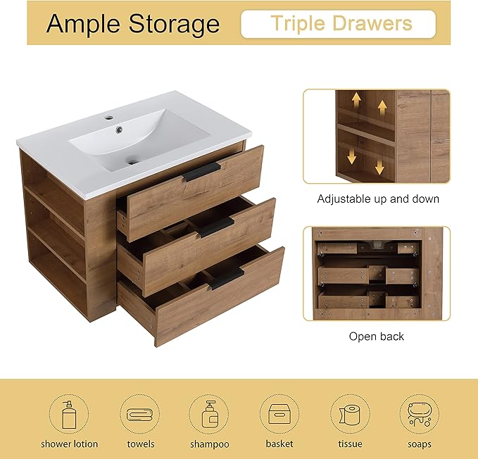 Malwee 30" Floating Bathroom Vanity with Resin Sink, 30 Inch Single Sink Wall Mounted Bathroom Vanity, with 3 Drawers, Bath Wall-Hung Cabinet Set with 3 Side Storage (014-30L)