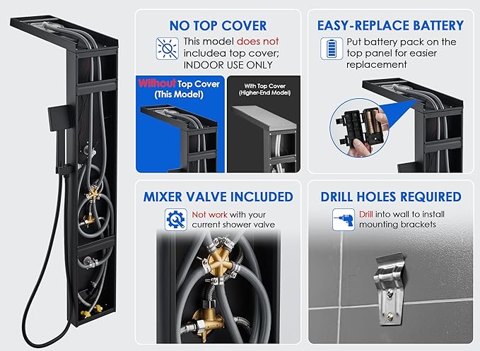 ROVOGO 46.5"H x 7.8"W Shower Panel Tower System with Led Lights, Rainfall Mist Shower Head, Body Jets, Handheld and Tub Spout, Stainless Steel Shower Column with Mixer Valve, Black