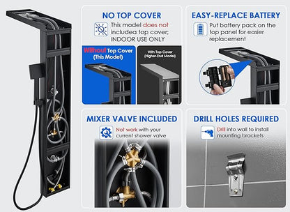 ROVOGO 46.5"H x 7.8"W Shower Panel Tower System with Led Lights, Rainfall Mist Shower Head, Body Jets, Handheld and Tub Spout, Stainless Steel Shower Column with Mixer Valve, Black