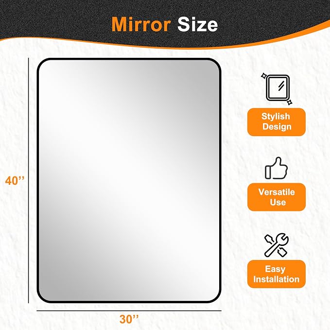 Bathroom Vanity Mirror, Black Framed Mirror for Over Sink, 30x40 | HD glass, distortion-free for makeup and grooming, Sturdy frame, all mounting hardware, hangs horizontal or vertical