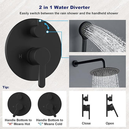 Matte Black Shower Faucet Set, Wall Mount Rain Shower System 10 Inches Shower Head and Shower Handheld, Included Pressure Balance Valve and Trim Kit