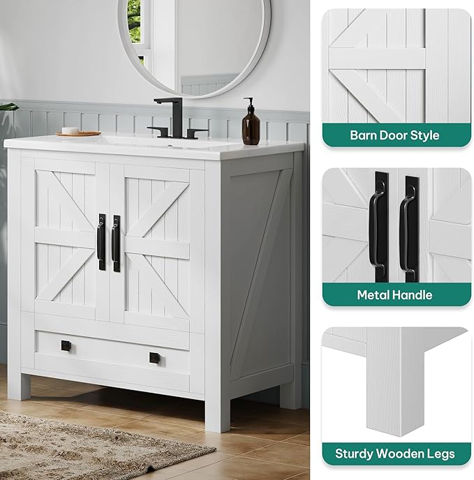 YITAHOME 30 Inch Farmhouse Bathroom Vanity with Sink, Small Space Bathroom Storage Cabinet with Large Drawer, 2 Wood Barn Doors with Built-in Door Racks