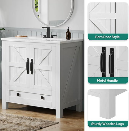 YITAHOME 30 Inch Farmhouse Bathroom Vanity with Sink, Small Space Bathroom Storage Cabinet with Large Drawer, 2 Wood Barn Doors with Built-in Door Racks