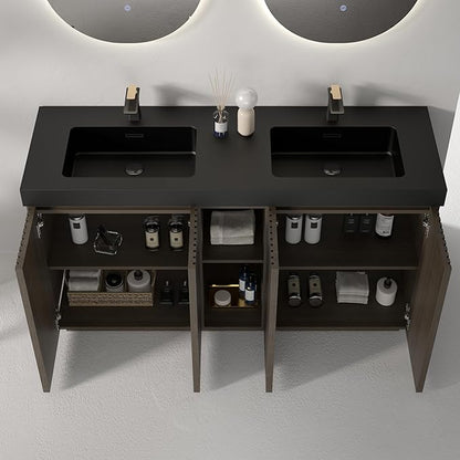60" Bathroom Vanity with Double Sink, Freestanding Double Sink Bathroom Vanity with Black Engineered Stone Top, Open Storage Cabinet & Adjustable Shelf, 4 Soft-Closing Doors, Smoked Oak Brown