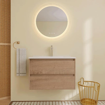 30 inch Floating Bathroom Vanity with Ceramic Sink, 30'' Wall Mounted Cabinet with 2 Soft-Closing Drawers, Space Saving for Small Bathroom, Modern Storage Cabinet, Brown Finish