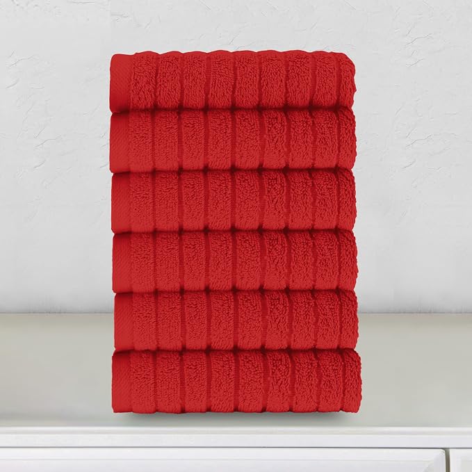 Elegant Comfort 100% Turkish Cotton Corduroy Ribbed Luxury Washcloths 6 Pack Soft 13 x 13 Inch - Higly Absorbent, Durable, Quick Dry, Spa Premium Hotel Quality for Bathroom or Travel, Red