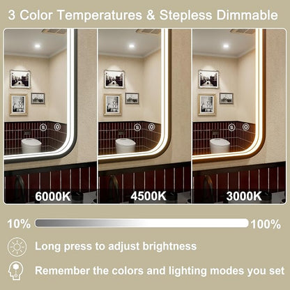 16"x24" Black LED Bathroom Mirror with 3000K/4500K/6000K Lights | Anti-Fog, Stepless Dimmable, Memory Function, Wall Mounted Aluminum Frame Lighted Bathroom Vanity Mirror, ETL Listed