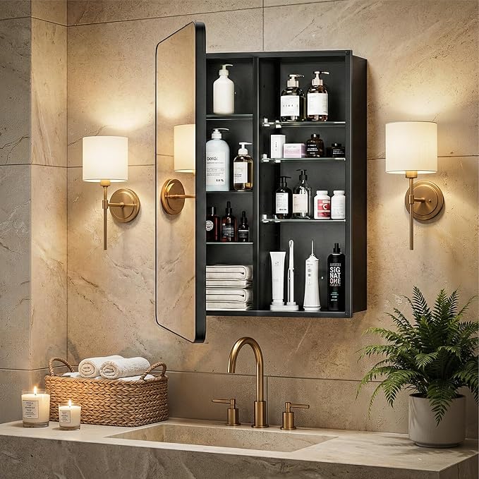 20x30 Black Medicine Cabinet with Mirror, Recessed & Surface Mount | Bathroom mirror with storage: 6 adjustable shelves fit tall bottles; DTC soft-close hinges; rust-resistant aluminum