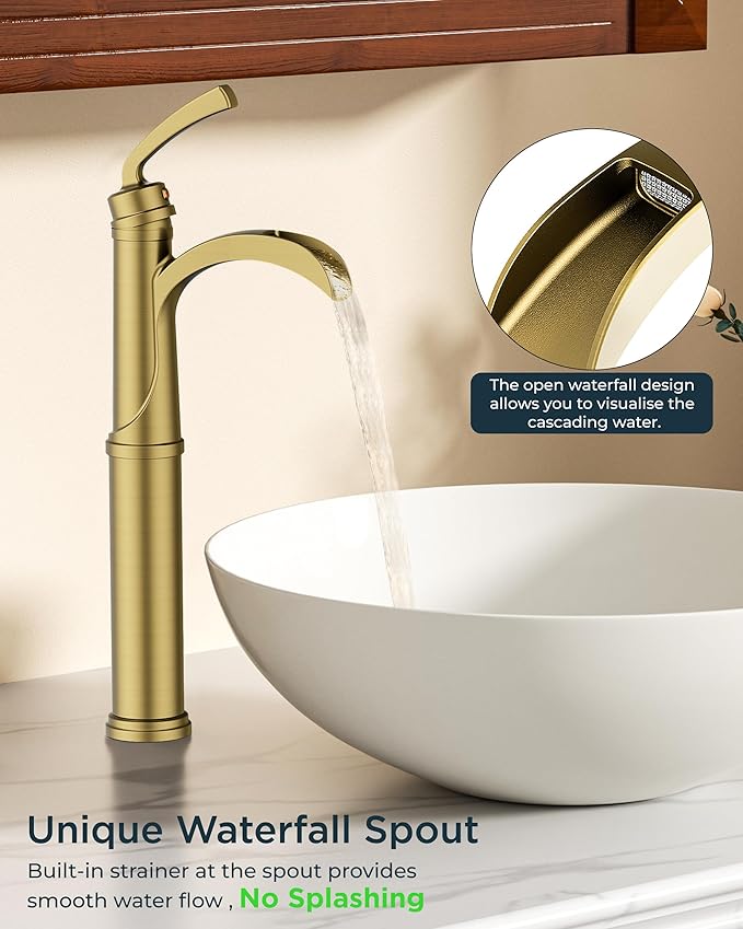 Forious Vessel Sink Faucet Bathroom Brushed Gold, Tall Waterfall Bathroom Faucets One Hole Single Handle Bathroom Bowl Sink Faucet Lavatory Vanity Faucets with Metal Pop Up Drain and Supply Lines