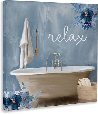 Blue Floral Bathroom Relaxation, 30 x 30 Inch Canvas Wall Art | Stupell Industries · By Kim Allen · Ready to hang · Calm bath and laundry decor · Made in USA
