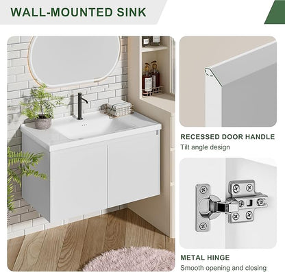 OLD CAPTAIN Bathroom Vanity with Ceramic Sink, 36 Inch Wall Mounted Bathroom Floating Vanity, Bathroom Sink Vanity with 2 Doors, Bathroom Vanity Cabinet, White