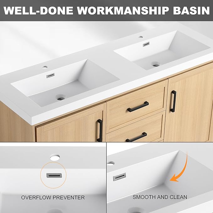 60" Freestanding Bathroom Vanity with Double Resin Sink, Bathroom Vanity with Sink, 2 Soft Closing Doors & 3 Drawers, Original Oak Plywood (KD-Packing)