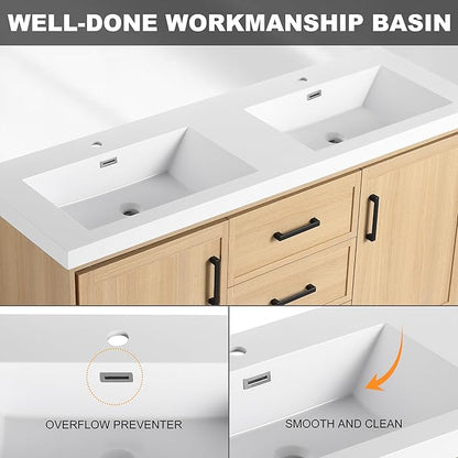 60" Freestanding Bathroom Vanity with Double Resin Sink, Bathroom Vanity with Sink, 2 Soft Closing Doors & 3 Drawers, Original Oak Plywood (KD-Packing)