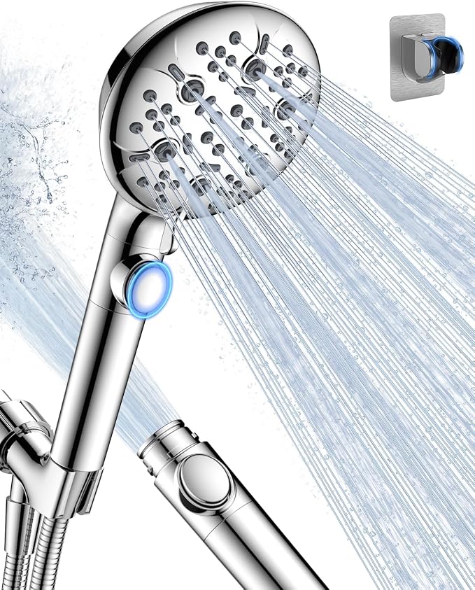 Shower Head with Handhled High Pressure Hand held Showerhead | 9 Modes, ON/OFF Switch Shower Heads with 71" Long Hose Built-in Power Wash, Bracket, Adhesive Shower Holder for Lower Mount