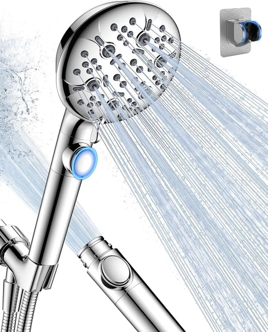 Shower Head with Handhled High Pressure Hand held Showerhead | 9 Modes, ON/OFF Switch Shower Heads with 71" Long Hose Built-in Power Wash, Bracket, Adhesive Shower Holder for Lower Mount