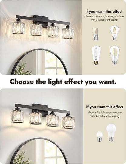 VOLISUN Crystal Vanity Lights for Bathroom, 4 Light Bathroom Vanity Light, Modern Matte Black Bathrooms Light Over Mirror, Black Bathrooms Lights Fixtures-UL Certificated(Exclude Bulb)