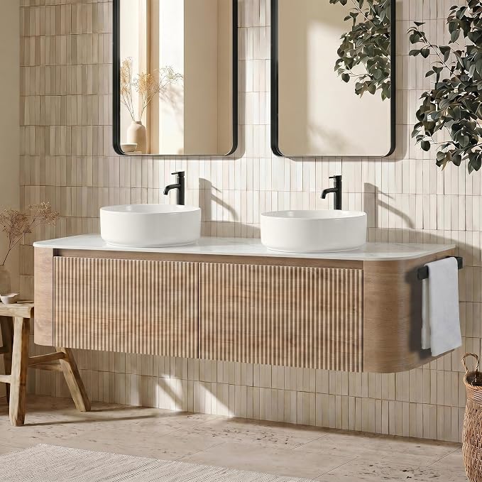 60" Floating Bathroom Vanity with Double Vessel Sink, Honey Oak | Pre-Assembled Fluted Wall Mounted Vanity with Ceramic Sink, Sintered Stone Countertop, Soft-Close Drawer & Towel Rack