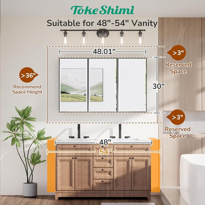 TokeShimi 48x30 Medicine Cabinet Mirror Bathroom Vanity Black Metal Framed Recessed or Surface Mounted Medicine Cabinet with Beveled Mirror with Storage Aluminum for Modern Farmhouse