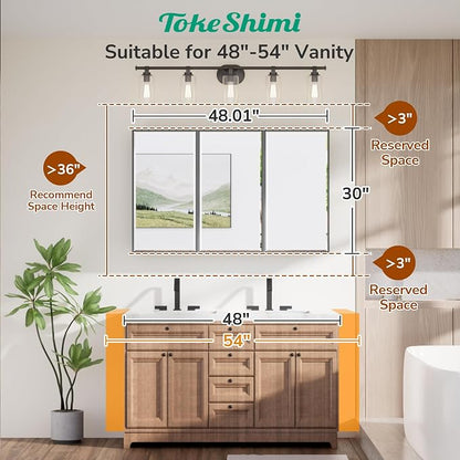 TokeShimi 48x30 Medicine Cabinet Mirror Bathroom Vanity Black Metal Framed Recessed or Surface Mounted Medicine Cabinet with Beveled Mirror with Storage Aluminum for Modern Farmhouse