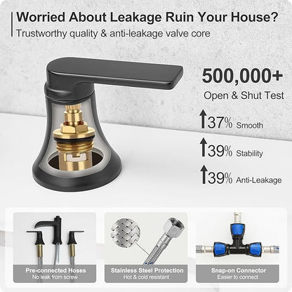Matte Black Bathroom Faucet 3 Hole, Brass 8 Inch Bathroom Sink Faucet Waterfall, 2 Handles Widespread Basin Tap with Pop-up Drain & Supply Hose for Vanity, Farmhouse, Restroom Sink