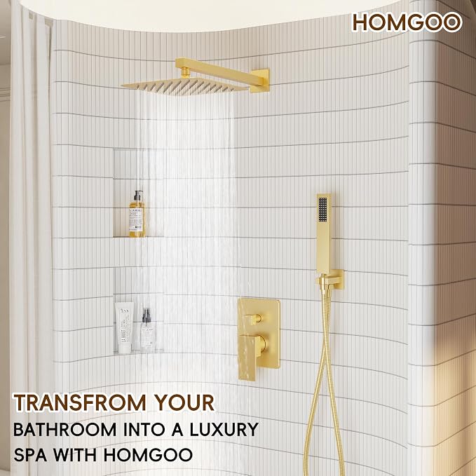 Gold Shower System, Shower Faucet Set with 12" Rain Shower head | All Metal Bathroom Wall Mounted High Pressure Shower head with handheld Combo Set Included Valve and Trim kit