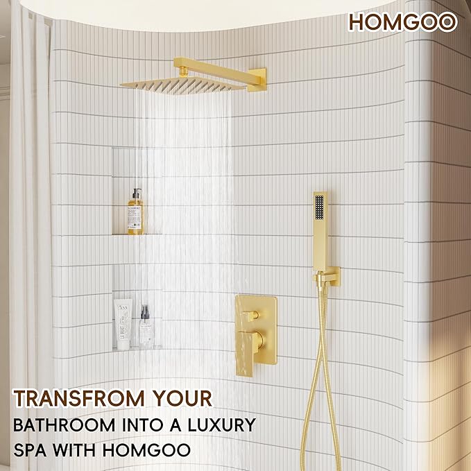 Gold Shower System, Shower Faucet Set with 10" Rain Shower head | All Metal Bathroom Wall Mounted High Pressure Shower head with handheld Combo Set Included Valve and Trim kit