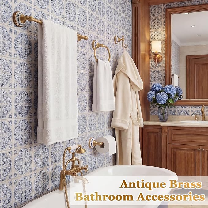 4 Pcs Antique Brass Gold & Porcelain Bathroom Accessories Set, Wall-Mounted Towel Rack & Towel Ring & Toilet Paper Holder & Robe Hook, Vintage Chinese Style Brass Bath Hardware Fixture Set