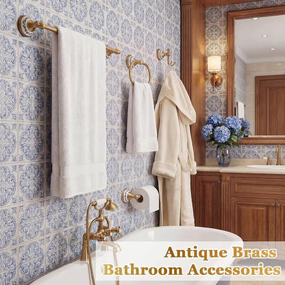 4 Pcs Antique Brass Gold & Porcelain Bathroom Accessories Set, Wall-Mounted Towel Rack & Towel Ring & Toilet Paper Holder & Robe Hook, Vintage Chinese Style Brass Bath Hardware Fixture Set
