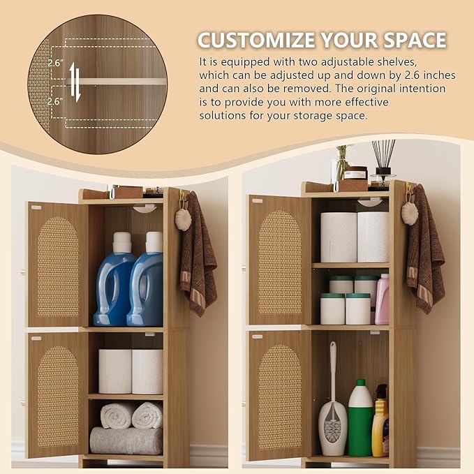 Rattan Bathroom Storage Cabinet,Corner Floor Cabinet with 2 Doors and Adjustable Shelf, Narrow Toilet Paper Cabinets with 2Hooks,Toilet Organizer for Small Spaces,7.87"D*9.84"W*29.72"H Oak