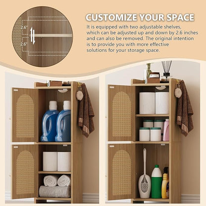 Rattan Bathroom Storage Cabinet,Corner Floor Cabinet with 2 Doors and Adjustable Shelf, Narrow Toilet Paper Cabinets with 2Hooks,Toilet Organizer for Small Spaces,7.87"D*9.84"W*29.72"H Oak