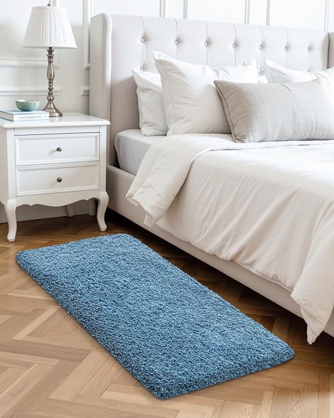 ILANGO Blue Bathroom Rugs 70" × 24" Non Slip & Super Absorbent Extra Thick Soft, Washable Bath Carpet Runner for Floor, Microfiber Plush Shaggy Bath Mats with Rubber for Bedroom Bathtub Shower Room