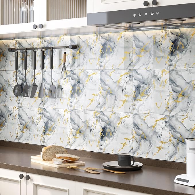 10pcs Marble Peel and Stick Backsplash Wall Tiles, Waterproof Shower Wall Panels, 11.8"x11.8" Peel and Stick Tile for Home Bathroom, Kitchen, Washroom, Living Room, Blue and Gold (Not Real Tile)