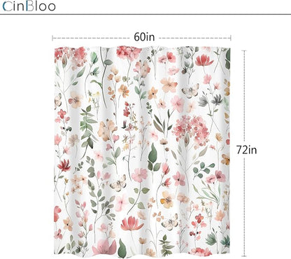 Pink Blush Coral Flower Floral Wildflower Leaf Bathroom Shower Curtain Set | 60"W x 72"H Leaves Butterfly; waterproof HD print, quick-dry fabric and plastic hooks for easy setup.
