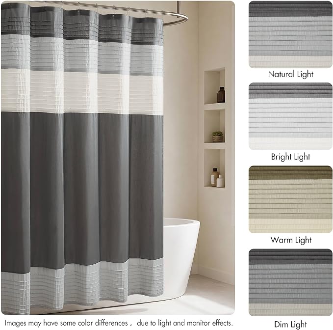 Madison Park Amherst Bathroom Shower Curtain Faux Silk Pieced Striped Modern Microfiber Bath Curtains, 72x84 Inches, Grey