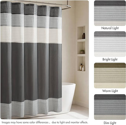 Madison Park Amherst Bathroom Shower Curtain Faux Silk Pieced Striped Modern Microfiber Bath Curtains, 72x84 Inches, Grey