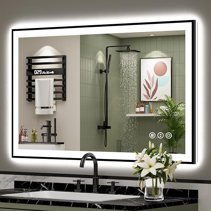 44x30 Black Framed LED Bathroom Mirror with Lights, Backlit and Front Lit Anti-Fog Lighted Vanity Mirrors for Bathroom Wall, Dimmable, 3 Colors, Memory, HD Tempered Glass, Horizontal/Vertical