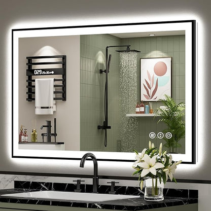 44x30 Black Framed LED Bathroom Mirror with Lights, Backlit and Front Lit Anti-Fog Lighted Vanity Mirrors for Bathroom Wall, Dimmable, 3 Colors, Memory, HD Tempered Glass, Horizontal/Vertical