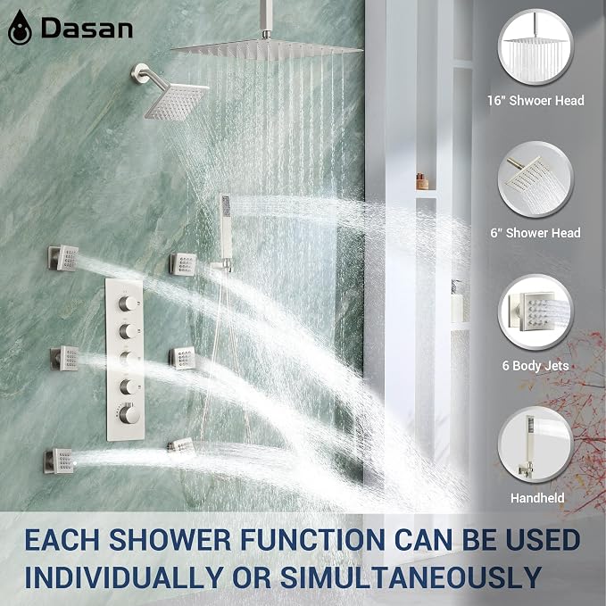 Dasan Thermostatic Dual Shower Head System with 6 Body Jets, 6-Inch Shower & 16” Rainfall Shower, Luxury Brushed Nickel Shower Faucet Set Tandem Rain Shower Head System for Couples/ 2-Person