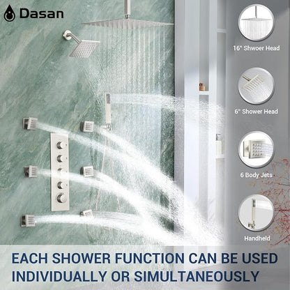 Dasan Thermostatic Dual Shower Head System with 6 Body Jets, 6-Inch Shower & 16” Rainfall Shower, Luxury Brushed Nickel Shower Faucet Set Tandem Rain Shower Head System for Couples/ 2-Person