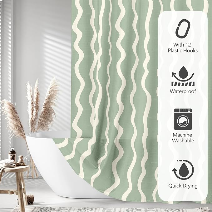 Tititex Cute Curvy Wavy Lines 140gsm Faux Linen Fabric Shower Curtain, Elegant Beige Sage Green Wave Striped Shower Curtain Sets Decoration 72x72 Inch with Hooks