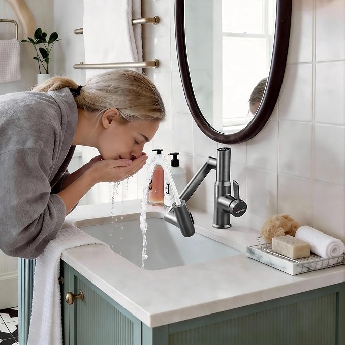 Lefton Rotatable Bathroom Faucet with Temperature Display in Fahrenheit (Batteries-Free), 3 Water Modes, Dark Grey, BF2204-2