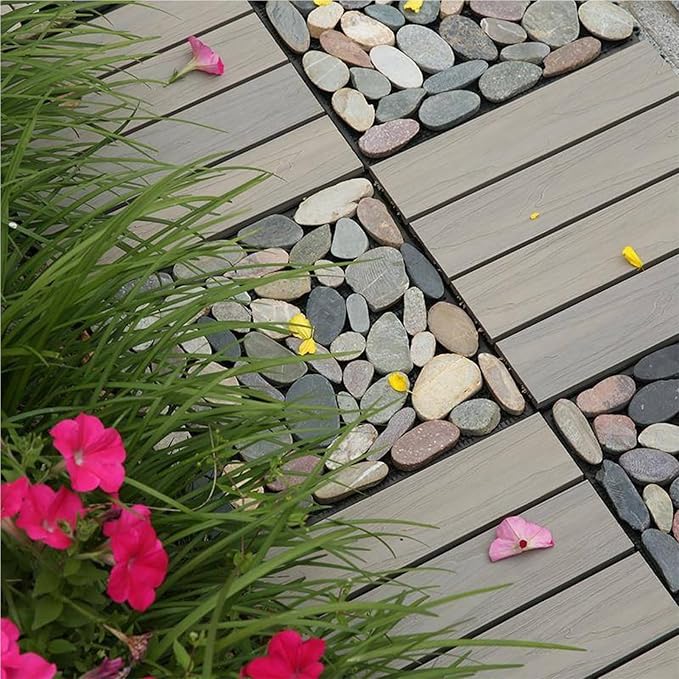 Pebble Tile, Natural Stone Paver Tile, Mountain Grey 4 Sheets | Interlocking Deck Tiles for Patio,Outdoor and Indoor Floor Tiles for Porch Poolside