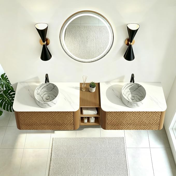 84 Inch Double Vanity with Sink Set, Floating Bathroom Sink Cabinet with Sintered Stone Top&Solid Wood Hammered Frame, Double Bathroom Vanities w/Soft-Close Drawers&1 Side Open Cube